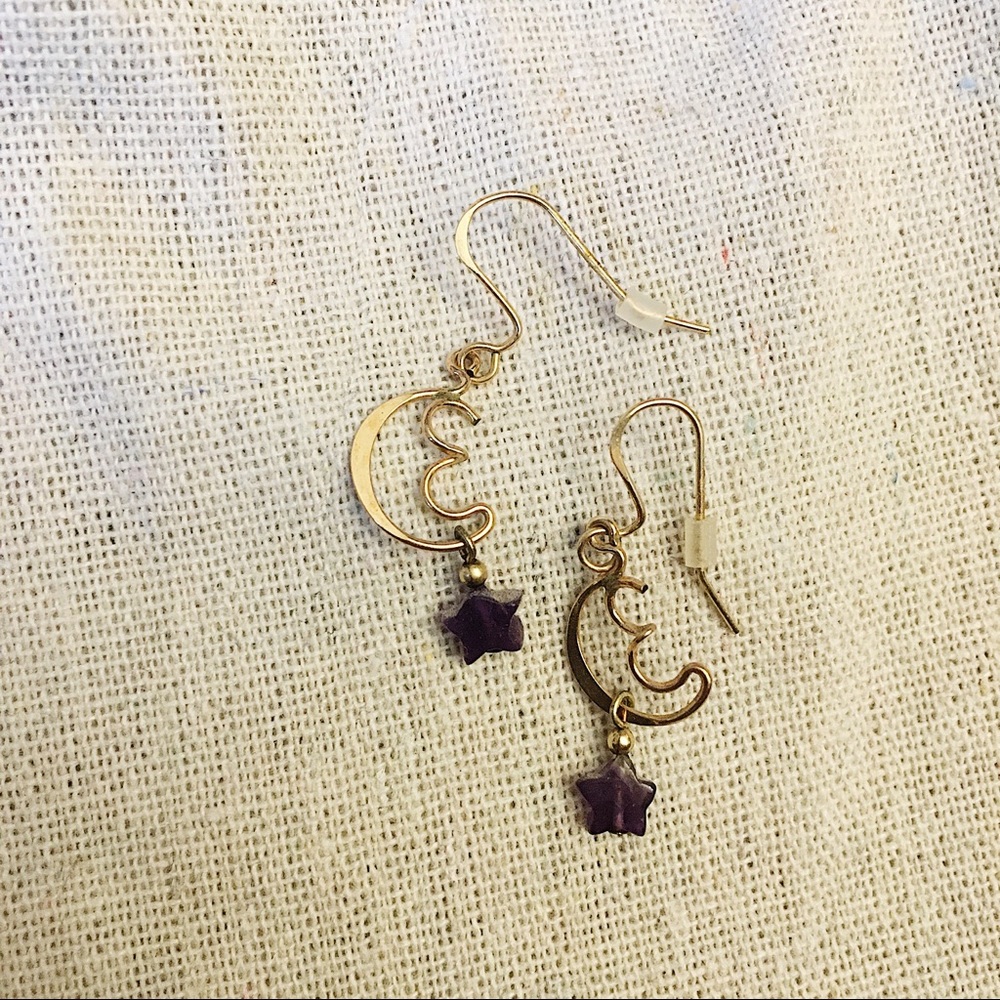 golden moon earrings with purple stars